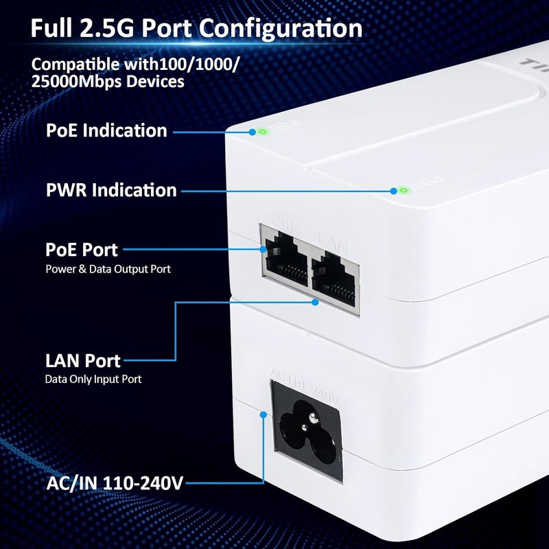 Tliffpaco PoE++ Injector 2.5Gb, Transmit Network Data and Supply Power, 60W 55V, 802.3af/at/bt Compliant, Plug & Play, Up to 100m(328 ft), Suitable for PTZ IP Camera/Video Phone/Dual Band AP - Image 3